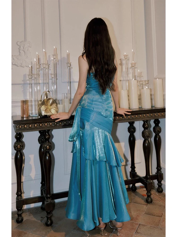 Elegant Mermaid Spaghetti Straps Blue Satin Long Prom Dresses Party Dress 21st Birthday Outfits Graduation Dresses DH2398 - Deanwangkt