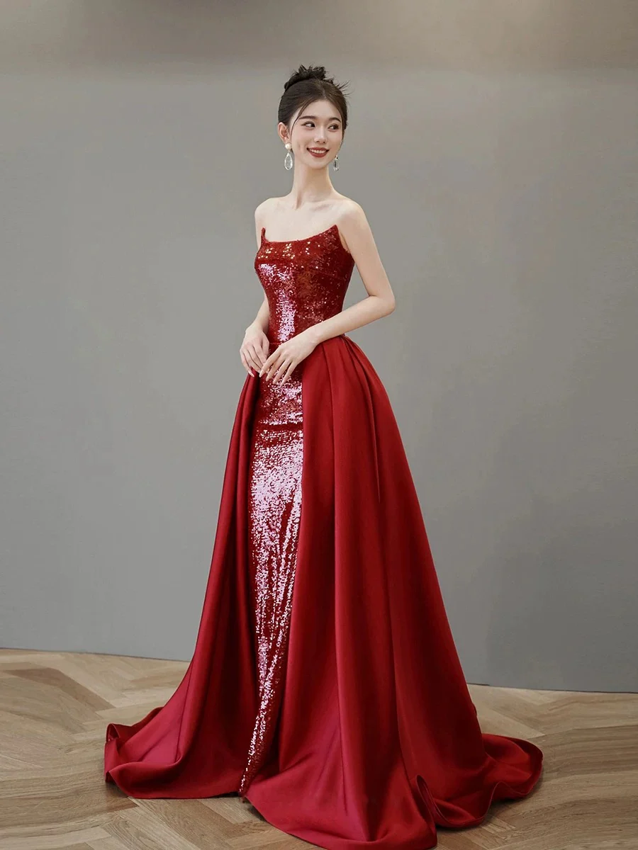 Classy Mermaid Strapless Red Sequin Long Evening Dress Long Prom Dresses H2879 - Deanwangkt