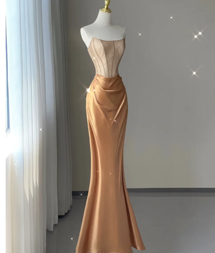 Pretty Mermaid Strapless Satin Sleeveless Long Prom Dresses Evening Dresses DP445 - Deanwangkt