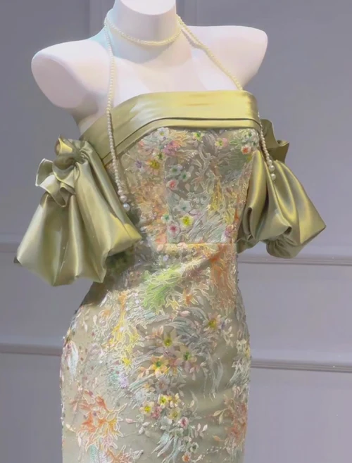 Elegant Sheath Off-the-shoulder Long Evening Gowns Satin Embroidered Applique Beading Special Formal Dresses Prom Dresses DP2779 - Deanwangkt