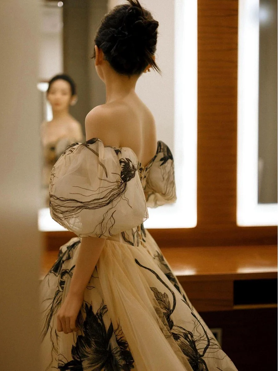 Sexy Ball Gown Off The Shoulder Champagne Elegant Tulle Long Prom Dresses H2867 - Deanwangkt