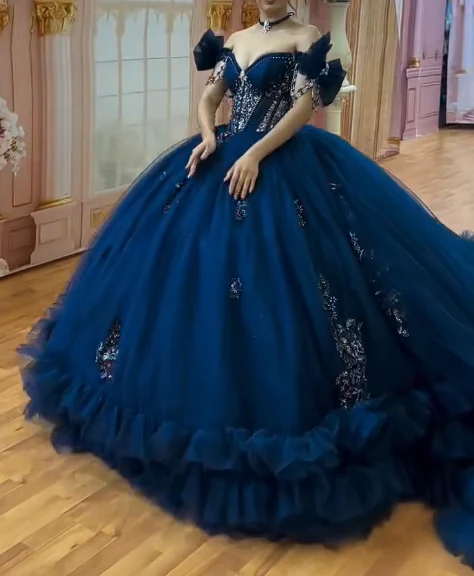 Fairy Navy Blue Off-the-Shoulder Ball Gown Tiered Gauze Appliqué Long Quinceanera Dress Saprkly Formal Gowns Sweet 16 Dress DP2883 - Deanwangkt