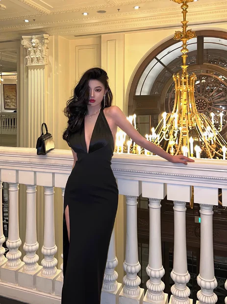 Elegant Glamour Mermaid V Neck Black Backless Long Prom Dress Party Dress Evening Dresses DP1635 - Deanwangkt