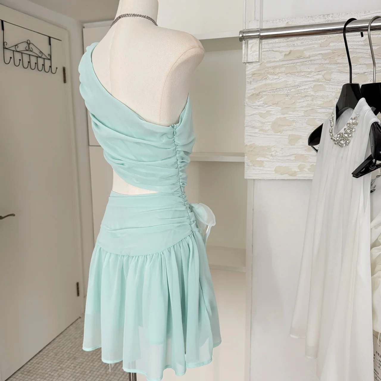 Cute A line One Shoulder Green Chiffon Short Summer Dress Holiday Party Birthday Outfits DP0147 - Deanwangkt