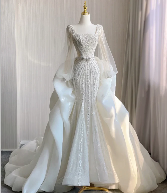 Luxury Mermaid Square Neckline Long White Wedding Dresses Brides Dress DP407 - Deanwangkt