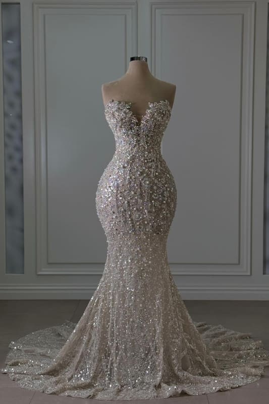 Luxury Sweetheart Sleeveless Beaded Lace Mermaid Wedding Dress DP612 - Deanwangkt