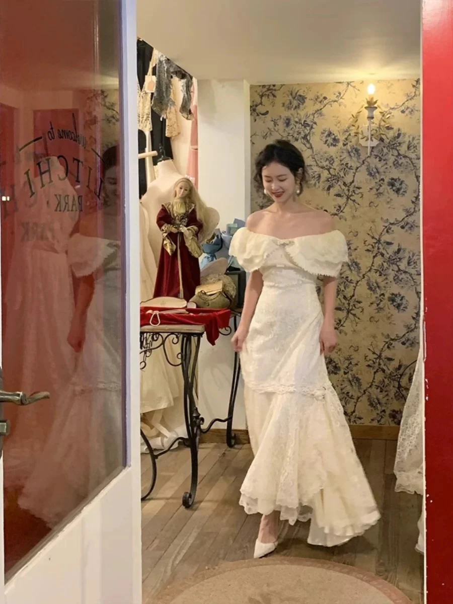 Vintage Wedding Dress Mermaid Off The Shoulder White Lace Summer Long Wedding Dresses Bridal Gowns W0747 - Deanwangkt