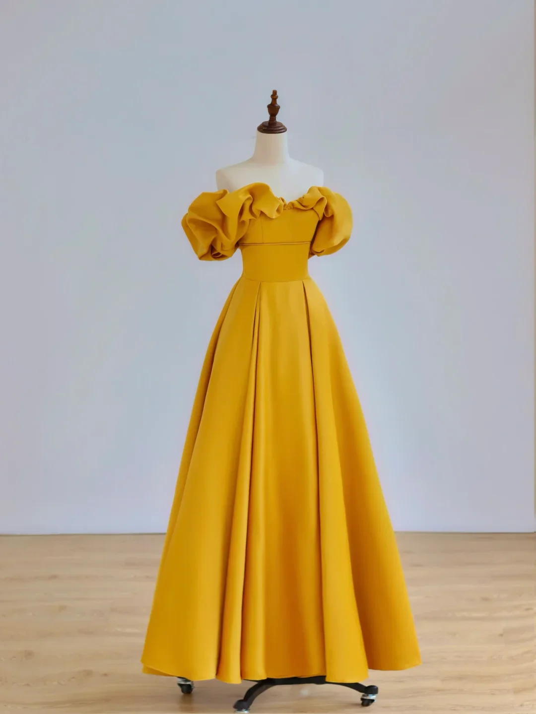 Elegant Glamour Ball Gown Off The Shoulder Short Sleeves Satin Yellow Prom Dress Party Dress Evening Dresses DP1506 - Deanwangkt