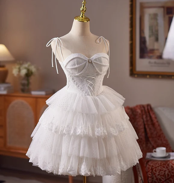 Simple Spaghetti Strap Tulle Lace Wedding Dresses White Short Bridal Gowns DP3184 - Deanwangkt