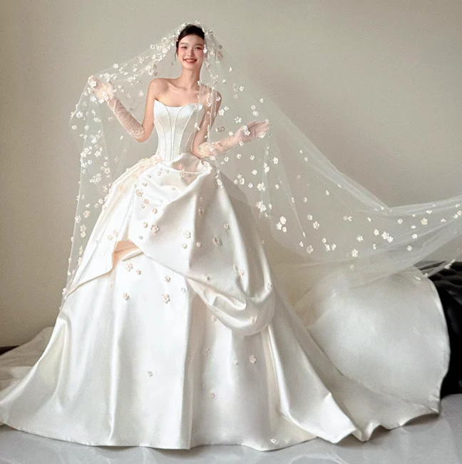 Modest White Strapless Long Ball Gown Elegant Wedding Dress Simple Quinceanera Dress DH2712 - Deanwangkt