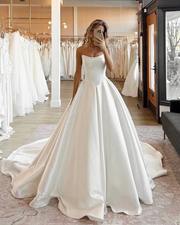 Classy Elegant Wedding Dress Ball Gown Strapless Satin Long Wedding Dresses Bridal Gowns DH735 - Deanwangkt