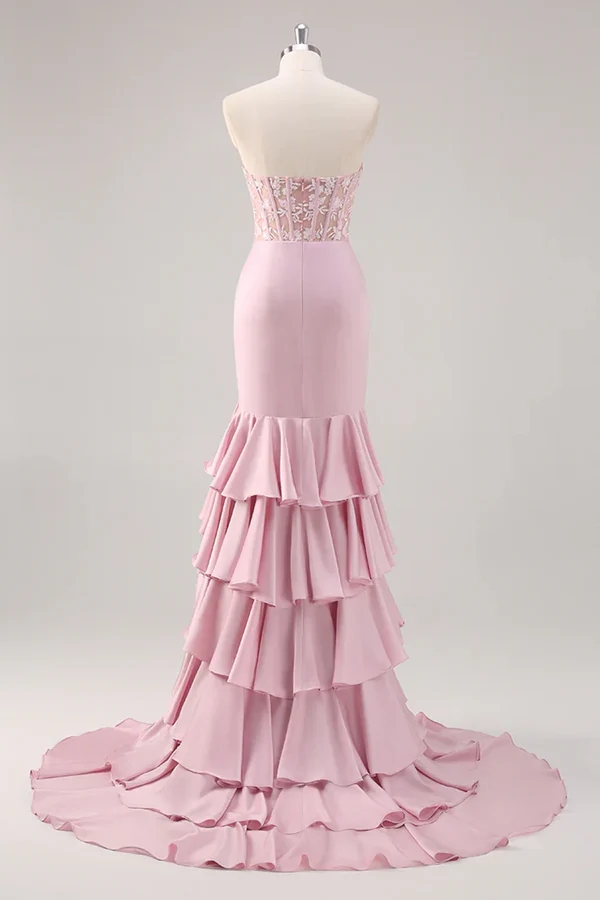 Blush Mermaid Strapless Corset Tiered Long Prom Dress with Slit Graduation Dresses DP525 - Deanwangkt