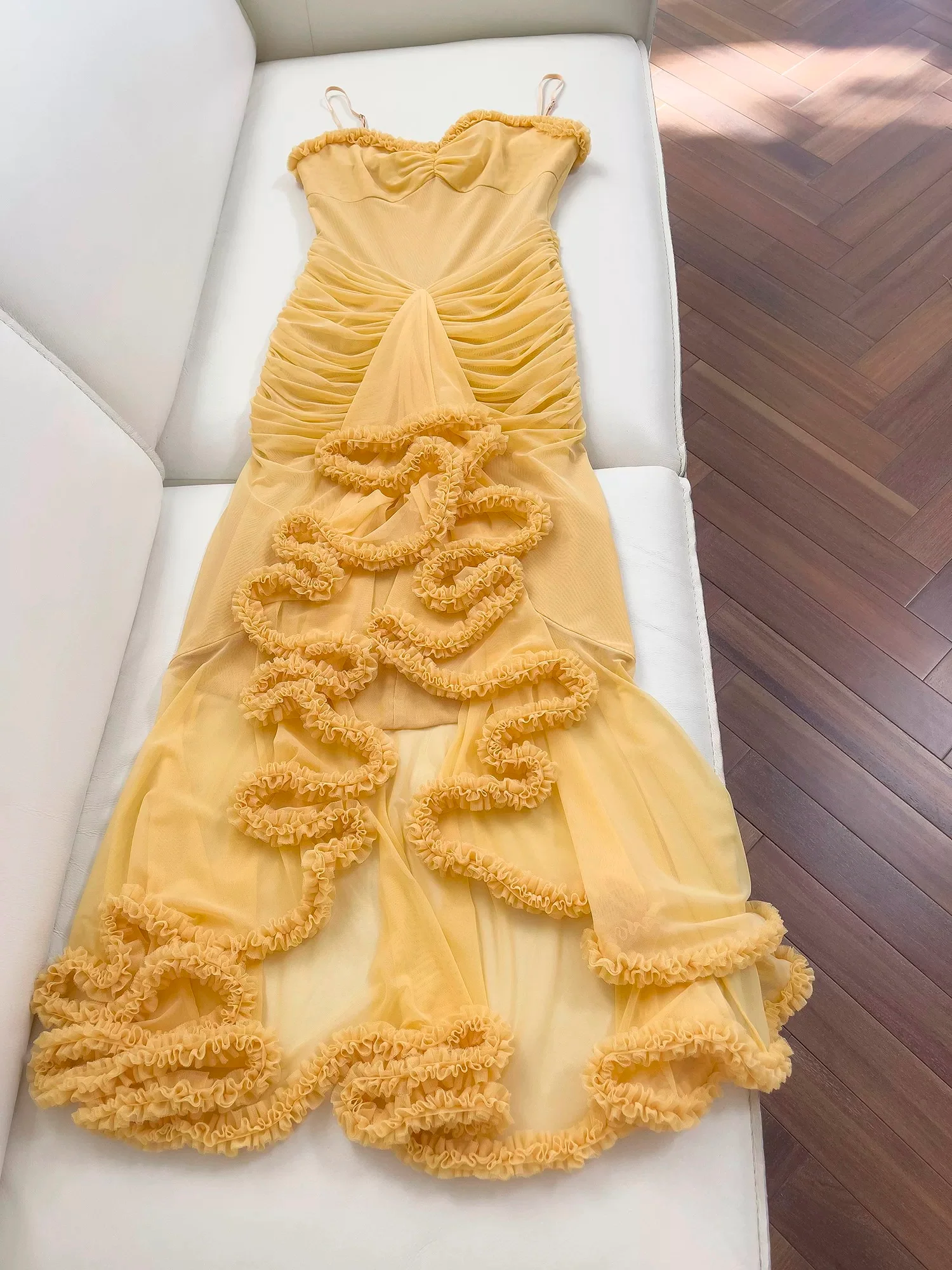 Elegant High Low Spaghetti Straps Yellow Sleeveless Long Evening Party Gowns Evening Formal Dresses Prom Dress W924 - Deanwangkt