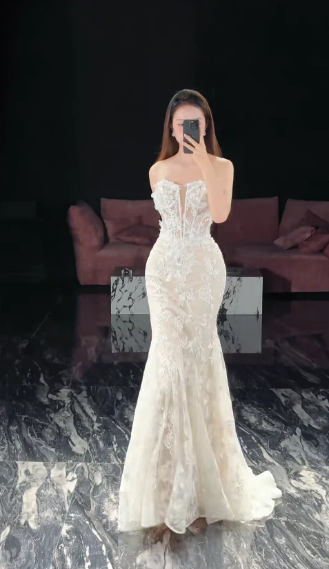 Elegant Strapless Mermaid Long Wedding Dresses Tulle Applique White Bridal Gowns Sleeveless Bridal Dresses DP3763 - Deanwangkt