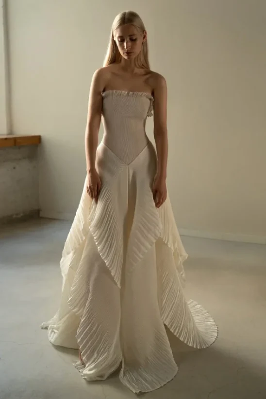 Chic Beige Pleated Strapless Contrast Color Stitching Prom Dress Long Prom Dresses DP241 - Deanwangkt