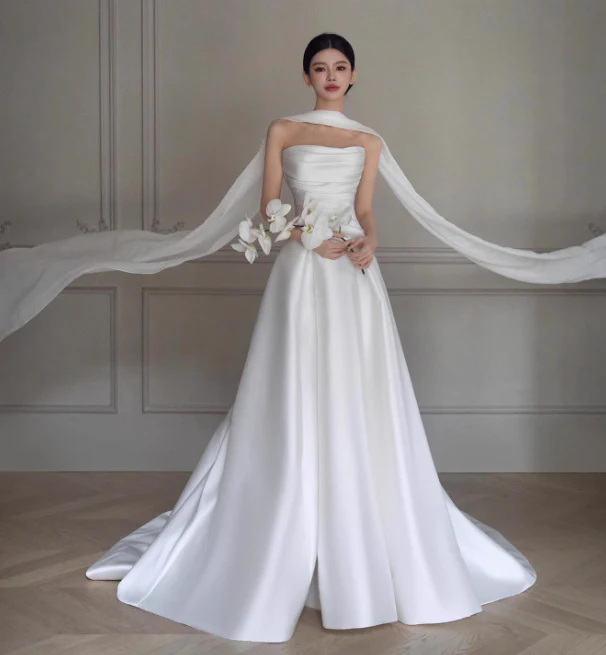 Simple Strapless Sheath Satin Long Wedding Dresses White Bridal Gowns Sleeveless Bridal Dresses DP3865 - Deanwangkt
