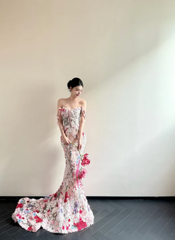 Fairy Off-the-Shoulder Mermaid Long Prom Dresses Sleeveless Tulle 3D Applique Evening Dresses DP3837 - Deanwangkt