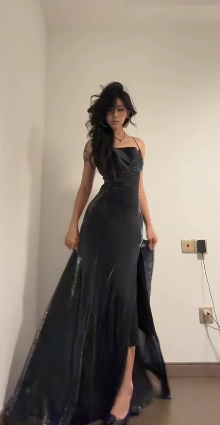 Sexy Sheath Dark Grey Long Prom Dresses with Slits, Spaghetti Straps Satin Dark Grey Birthday Dresses DP3827 - Deanwangkt