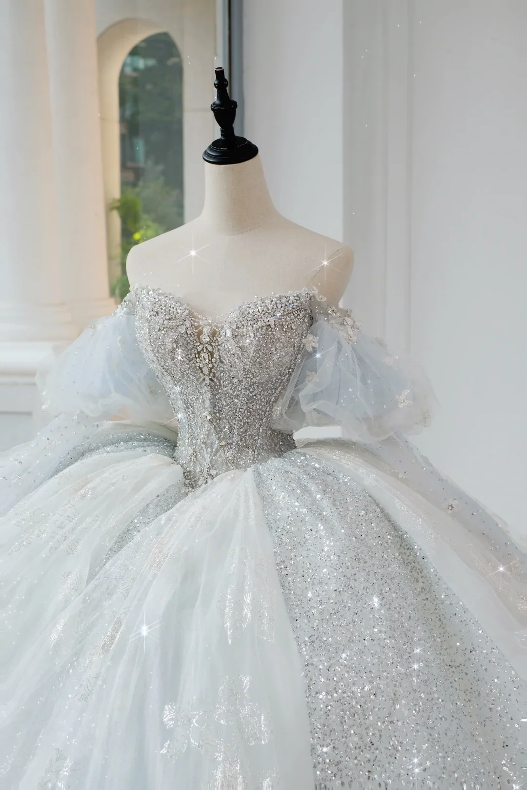 Timeless Bridal Gown Ball Gown Off The Shoulder Light Sky Blue Sequin Long White Wedding Dresses Elegant Bridal Gowns DH889 - Deanwangkt