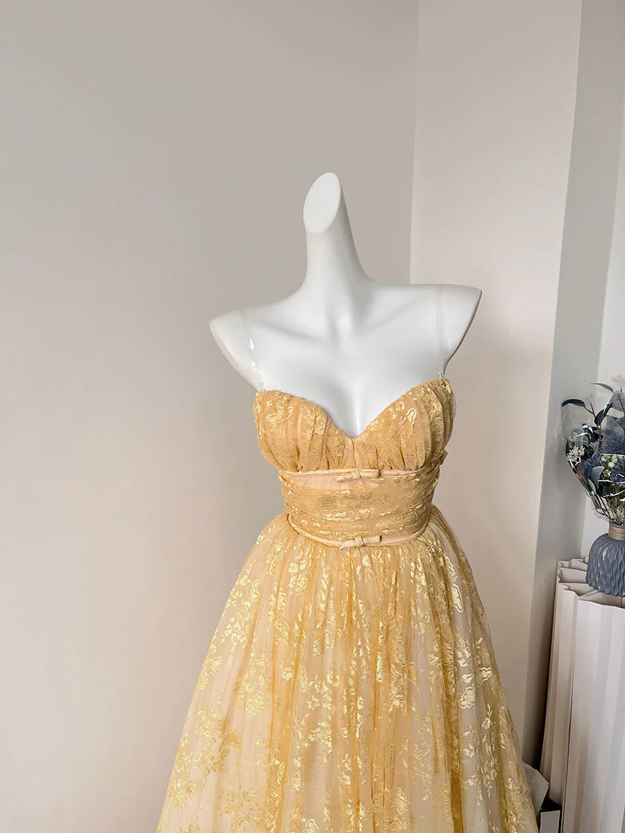 Pretty A Line Sweetheart Lace Yellow Formal Homecoming Dresses 21st Birthday Outfits Graduation Dress Cocktail Dresses DH2463 - Deanwangkt