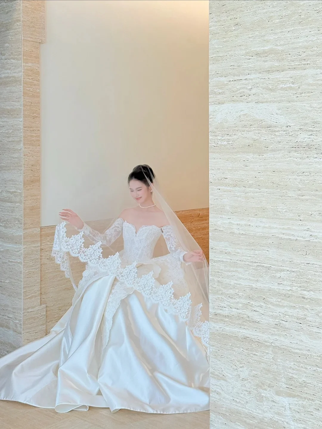 Modest Strapless A-Line Wedding Dresses Satin Applique White Bridal Gowns Long Sleeves Bridal Dresses DP3296 - Deanwangkt