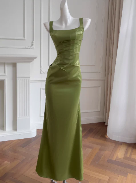 Glam Square Neck Sheath Evening Dresses Satin Green Wedding Guest Dresses DP3207 - Deanwangkt