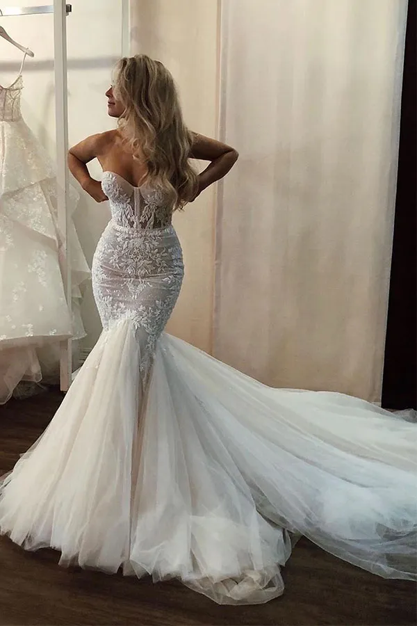 Unique Ivory Sweetheart Mermaid Tulle Wedding Dress with Chapel Train Brides Dress DP635 - Deanwangkt