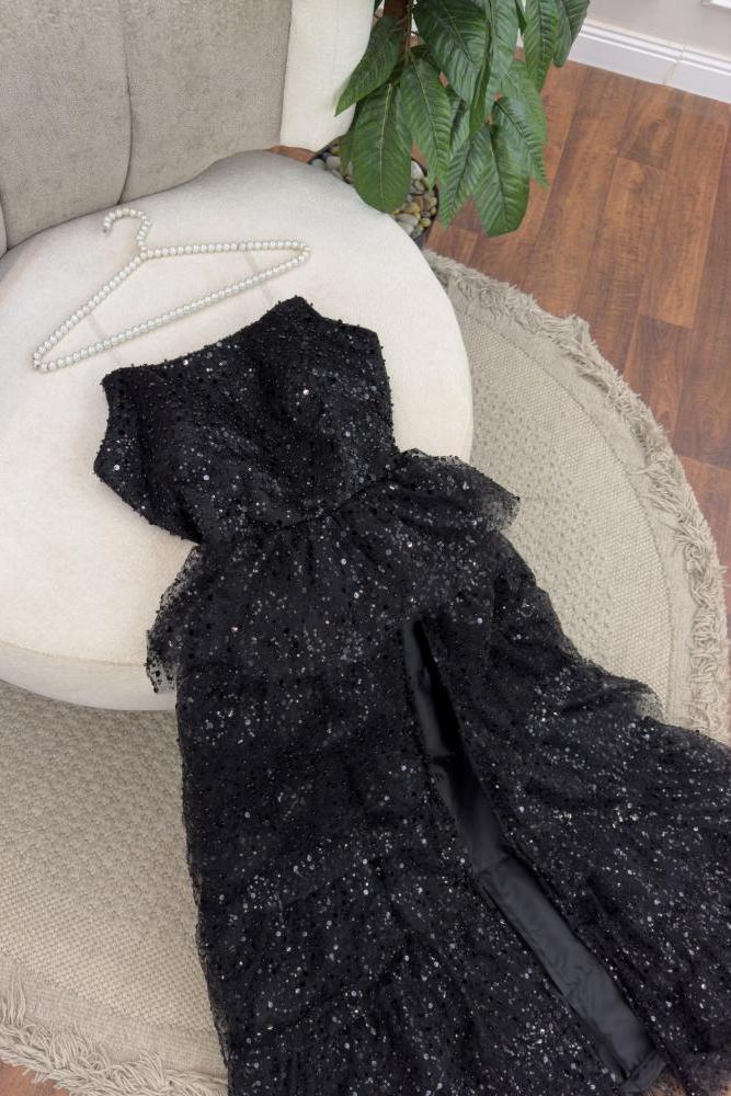 Sparkly Stunning Black Sequined Sleeveless Strapless Long Prom Dress with Split DP291 - Deanwangkt