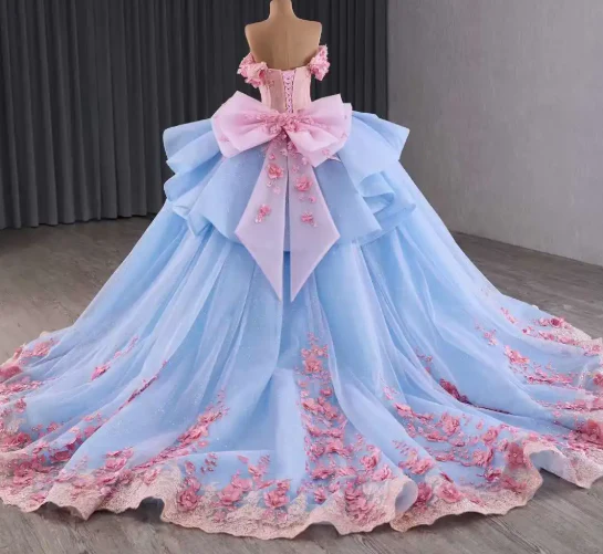 Fairy Off-the-shoulder Ball Gown Blue Long Prom Dresses Tulle Applique Blue Quinceaña Dresses Sweet 16 Dresses DP3776 - Deanwangkt