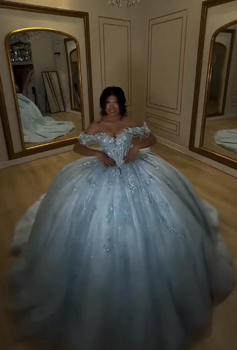 Glam Off-the-Shoulder Ball Gown Tulle Long Prom Dresses Applique Blue Quinceanera Dresses Sweet 16 Dress DP3753 - Deanwangkt