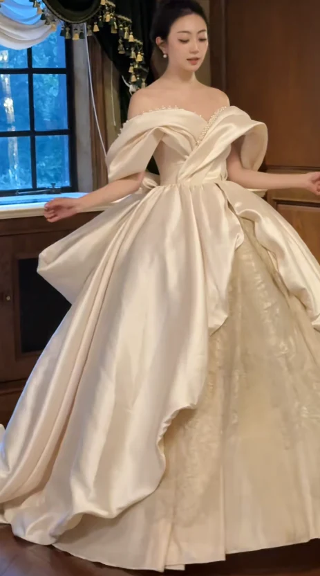 Simple Off-the-shoulder Ball Gown Satin Wedding Dresses Champagne Bridal Gowns Open-back Bridal Dresses DP3359 - Deanwangkt