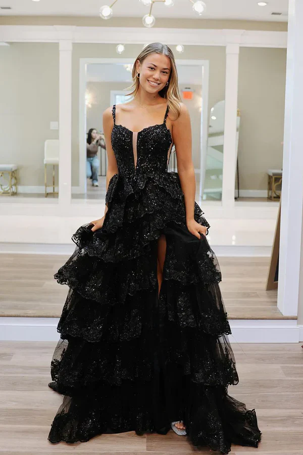 Classy Black Sweetheart Tiered Sequin Lace Long Prom Dresses Graduation Dresses DP519 - Deanwangkt
