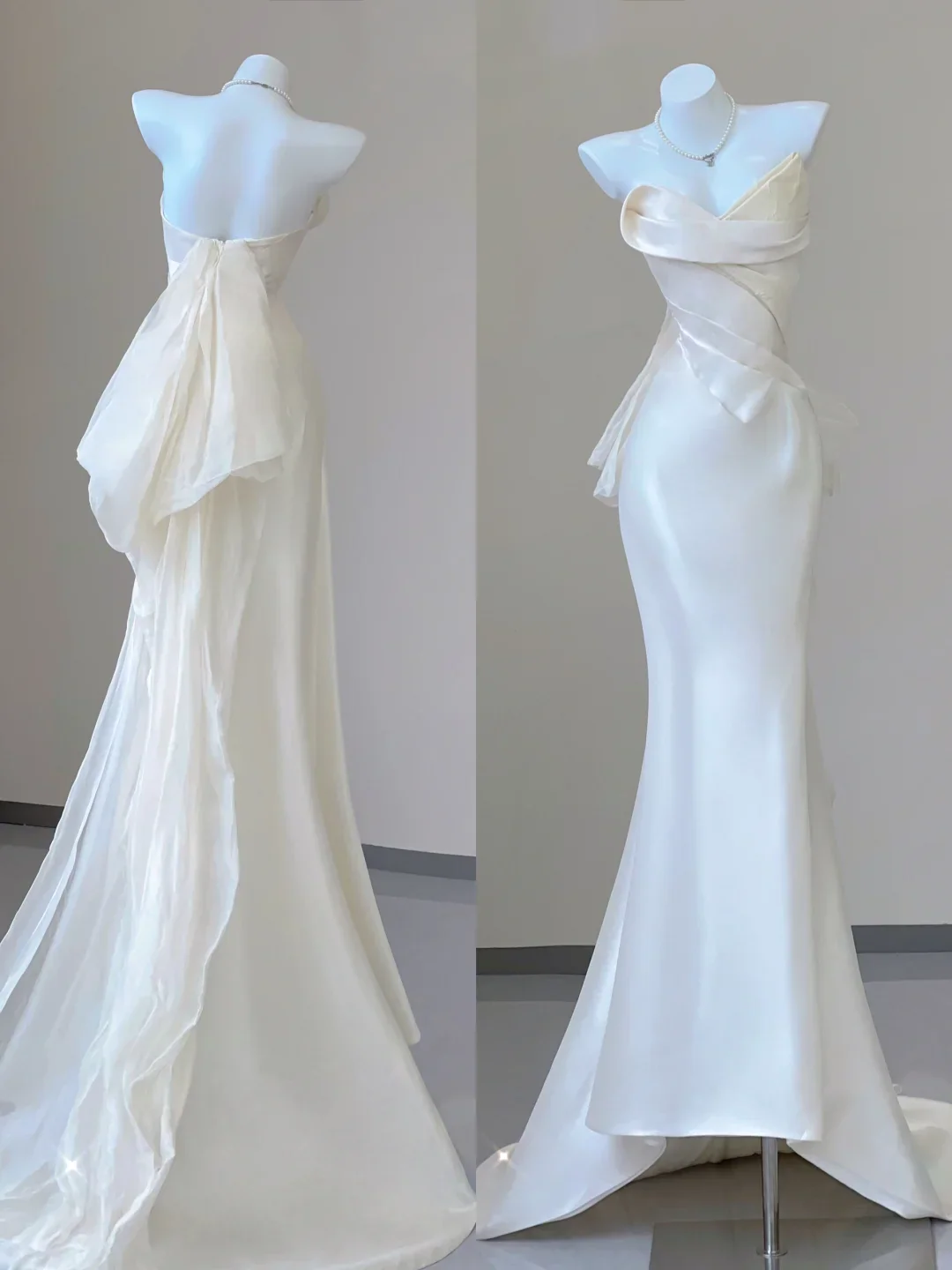 Unique Mermaid Sweetheart Ivory Satin Long Wedding Dresses Brides Dress P0030 - Deanwangkt