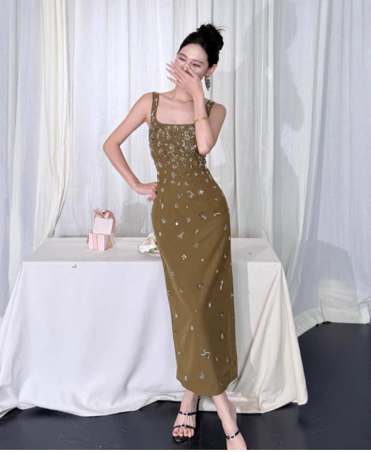 Elegant Sheath Olive Green Evening Dresses Beaded Satin Olive Green Wedding Guest Dresses DP3941 - Deanwangkt
