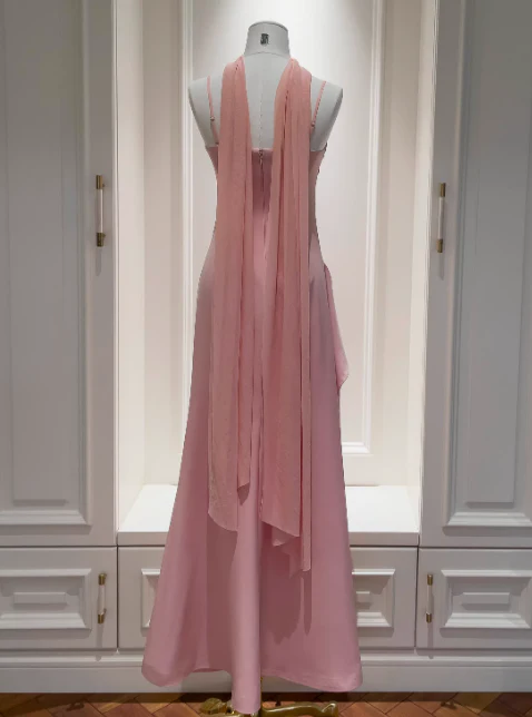 Glam Spaghetti Strap Sheath Evening Dresses Pink Bridesmaid Dresses Chiffon Wedding Guest Dresses DP3206 - Deanwangkt