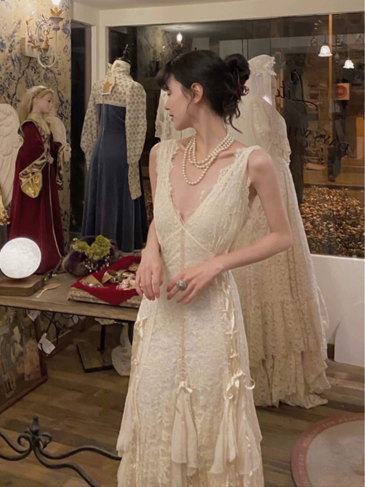 Vintage Wedding Dress A line V Neck Lace Ivory Summer Beach Long Wedding Dresses Bridal Gowns W0765 - Deanwangkt