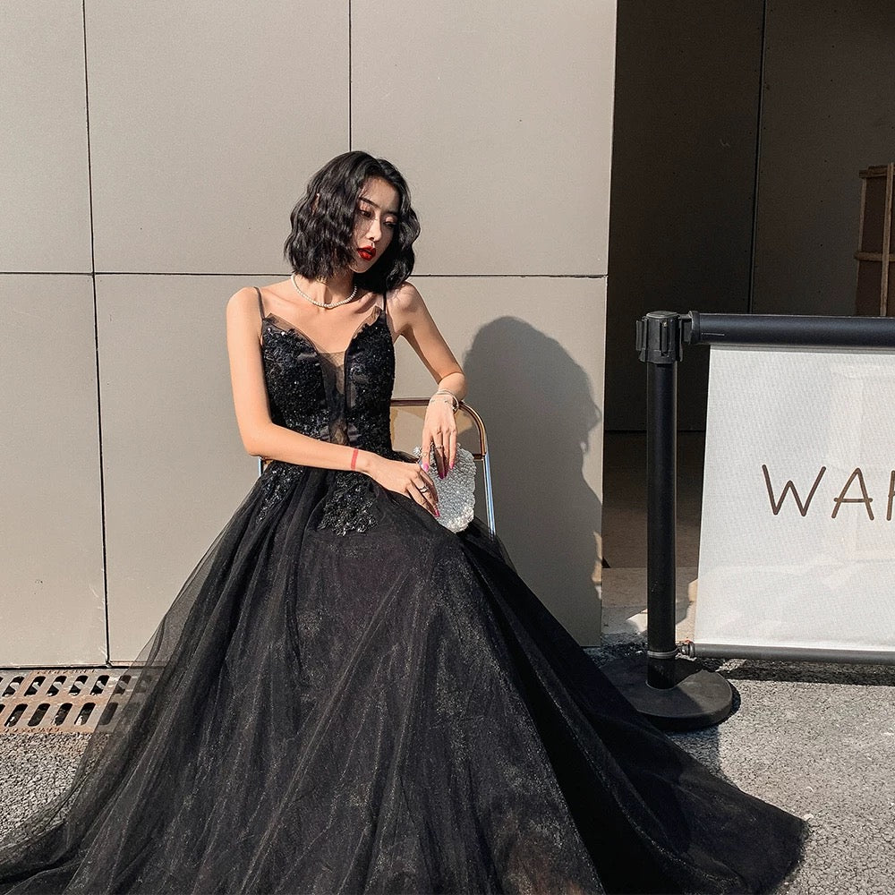 Classy Elegant A Line Spaghetti Straps Black Tulle Long Prom Dresses H2898 - Deanwangkt