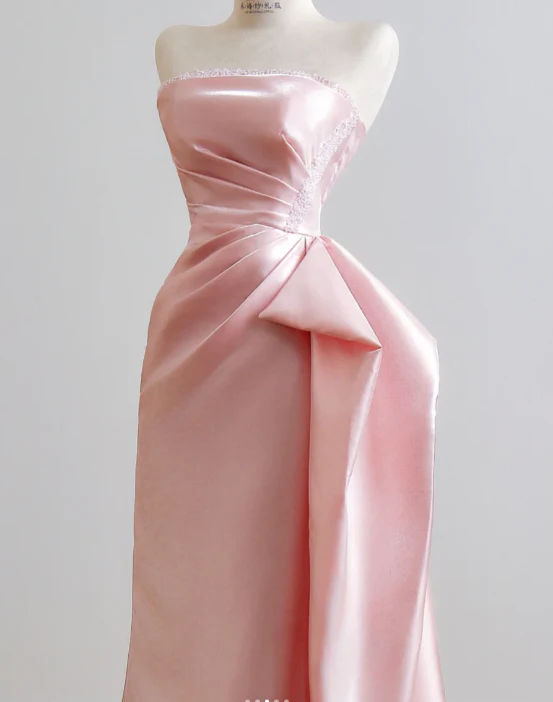 Cute Sheath Pink Long Prom Dresses Strapless Sleeveless Formal Dresses Satin Pink Birthday Dresses  DP3826 - Deanwangkt