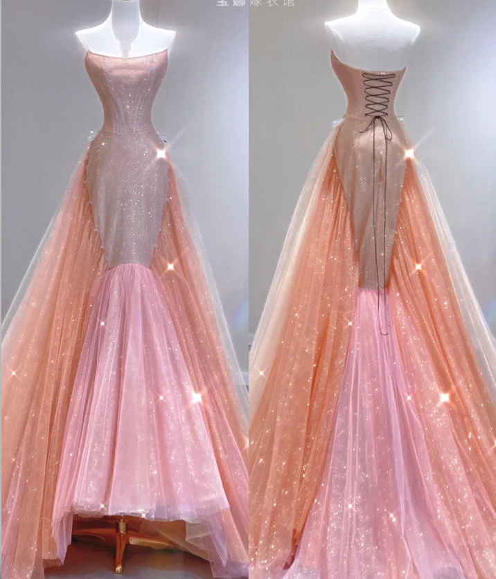 Classy Mermaid Strapless Sequin Long Pink Prom Dresses Graduation Dress High School Classy Evening Dresses DP402 - Deanwangkt