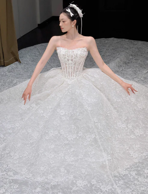 Modest Strapless A-Line Wedding Dresses Lace Beaded Applique White Bridal Gowns Sleeveless Bridal Dresses DP3297 - Deanwangkt