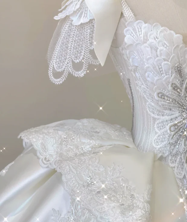 Elegant Ball Gown Sweetheart Lace Satin Wedding Dresses White Brides Dress P0018 - Deanwangkt