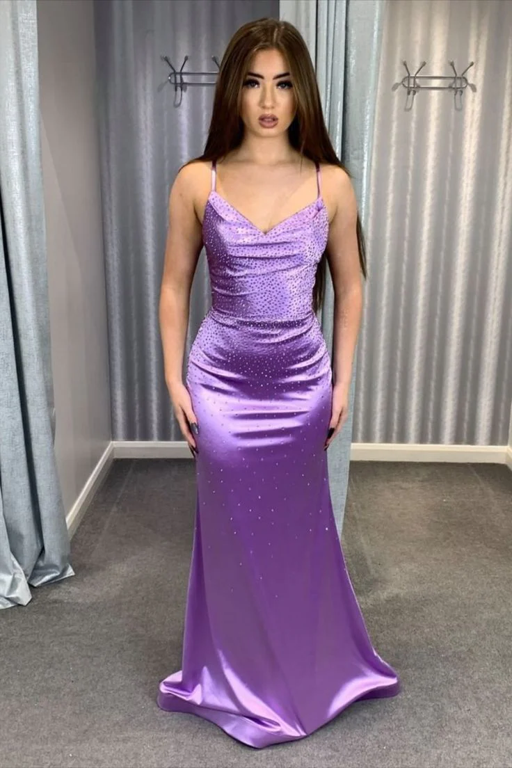 Elegant Mermaid Spaghetti Straps Light Grape With Beads Sleeveless Long Evening Party Gowns Evening Dress Special Formal Dresses Prom Dress DH214 - Deanwangkt