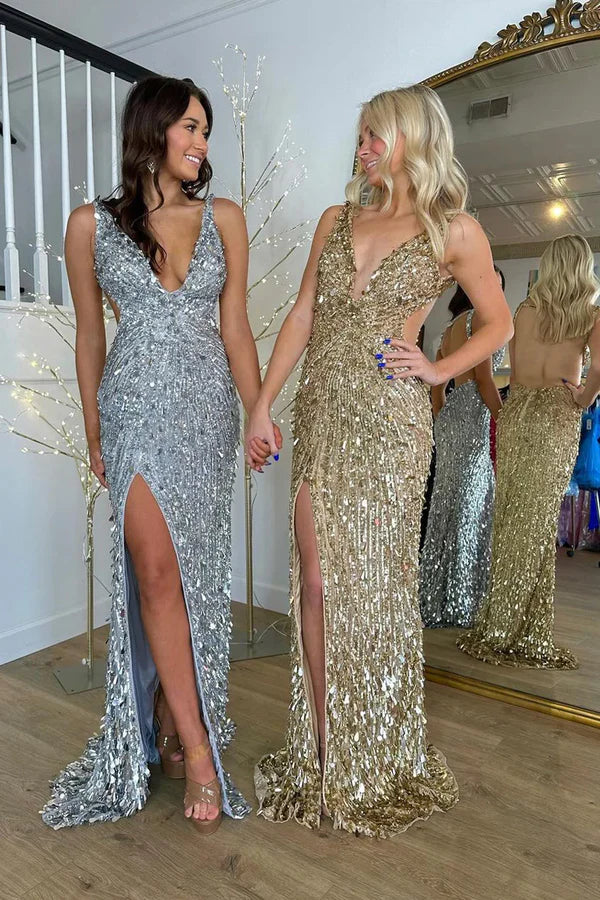 Elegant Gold Sequins Mermaid Long Prom Dresses with Slit Sexy Prom Dress DP249 - Deanwangkt