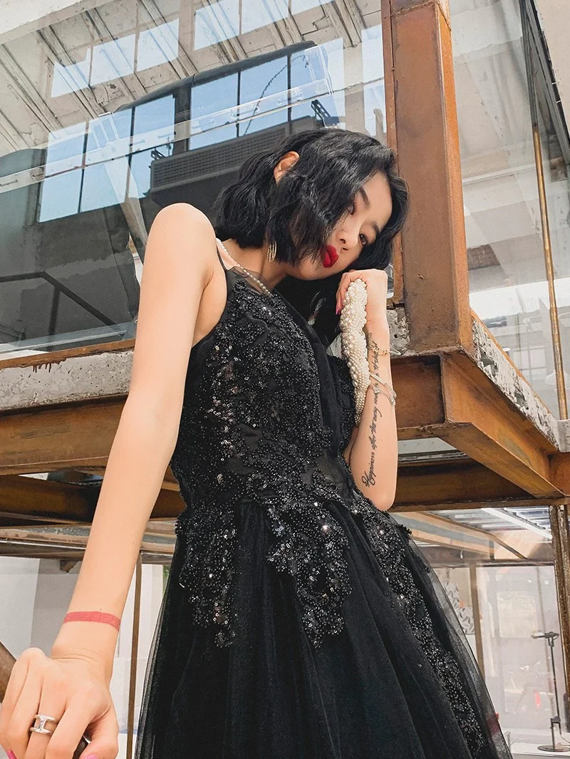 Classy Elegant A Line Spaghetti Straps Black Tulle Long Prom Dresses H2898 - Deanwangkt