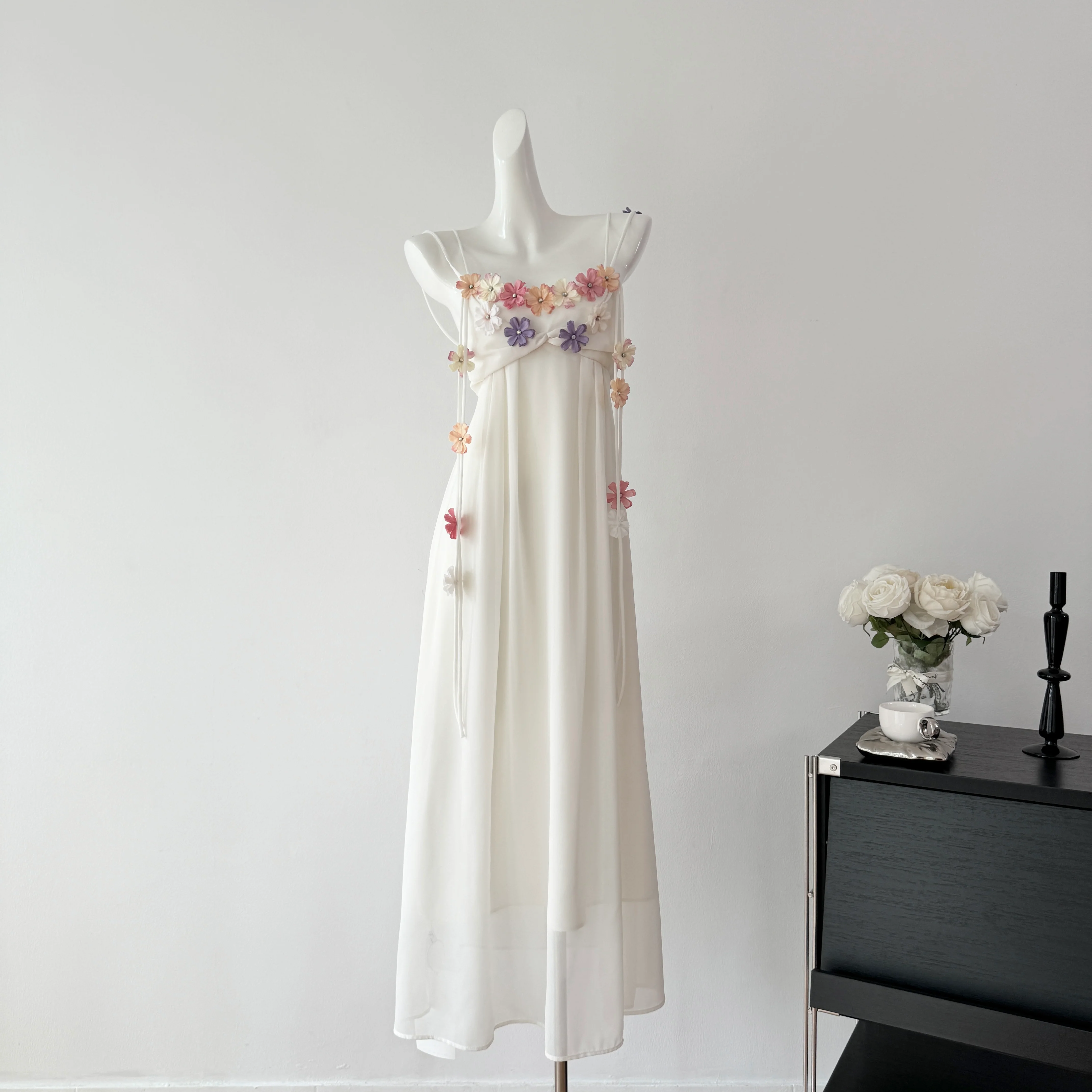 Cute A Line Spaghetti Straps Floral White Chiffon Summer Dress Holiday Party Outfits For Women DP0129 - Deanwangkt