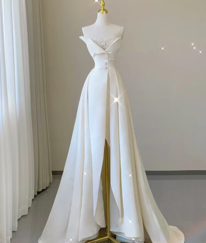 Unique A line Strapless Neckline Satin Long Wedding Dresses White Brides Dress DP459 - Deanwangkt