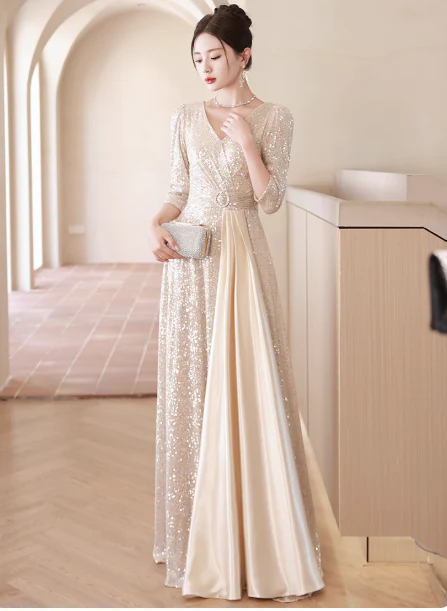 Elegant V-neck Mermaid Champagne Mother of the Bride Dresses Long Sleeve Champagne Evening Dresses DP3888 - Deanwangkt