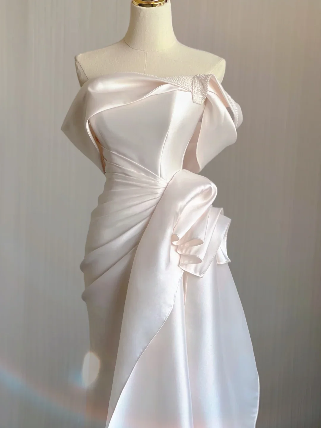 Unique Mermaid Off The Shoulder Ruffles Long Satin Pink Wedding Dresses Brides Dress DP344 - Deanwangkt