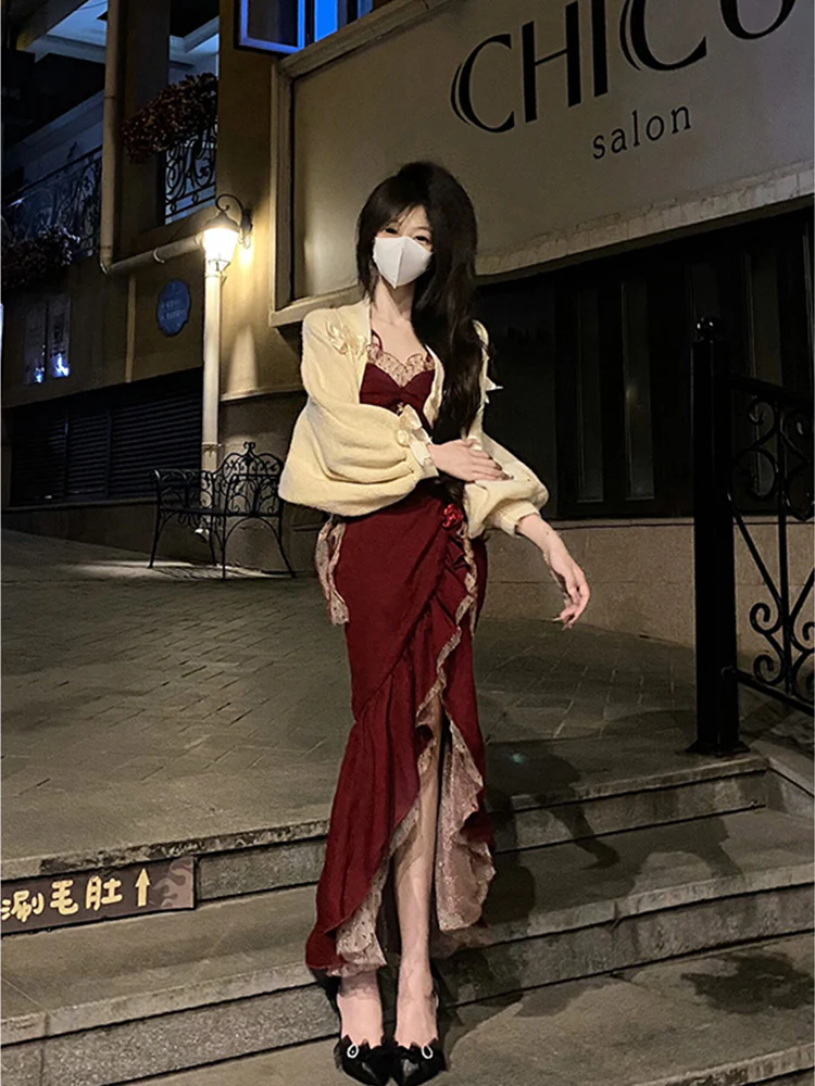 Vintage Mermaid Spaghetti Straps Burgundy Long 18th Birthday Dress Lolita Summer Dress Birthday Outfits W1121 - Deanwangkt