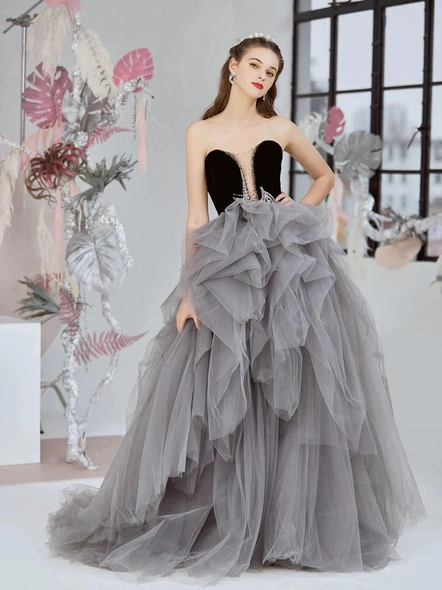 Classy Ball Gown Sweetheart Tulle Gray Evening Dress Long Prom Dresses H2865 - Deanwangkt